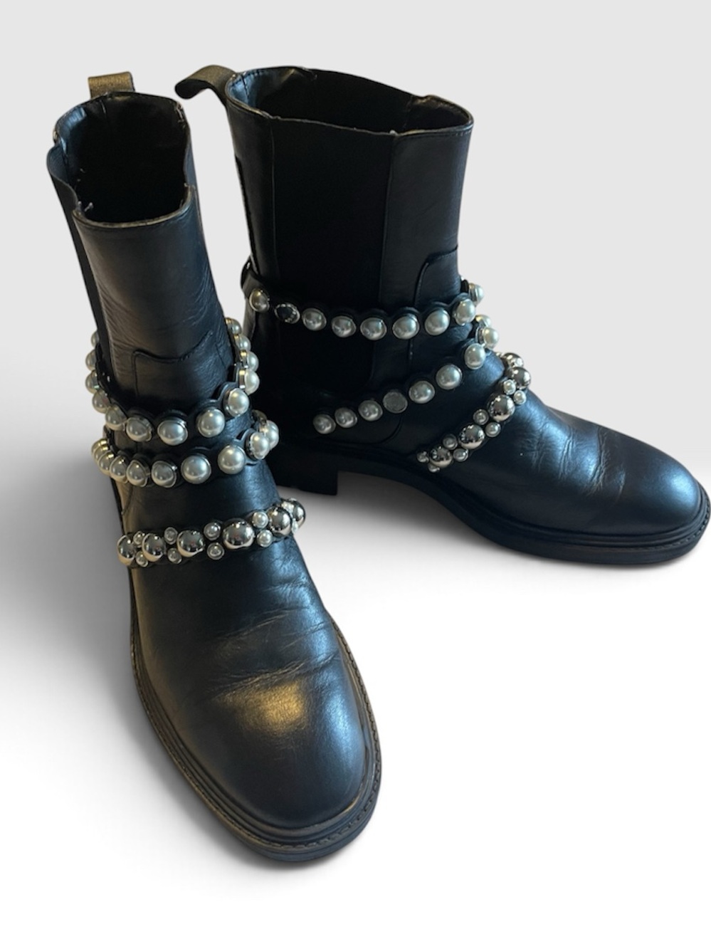 Zara Black Leather Combat Boots with Pearl & Silver Stud Straps